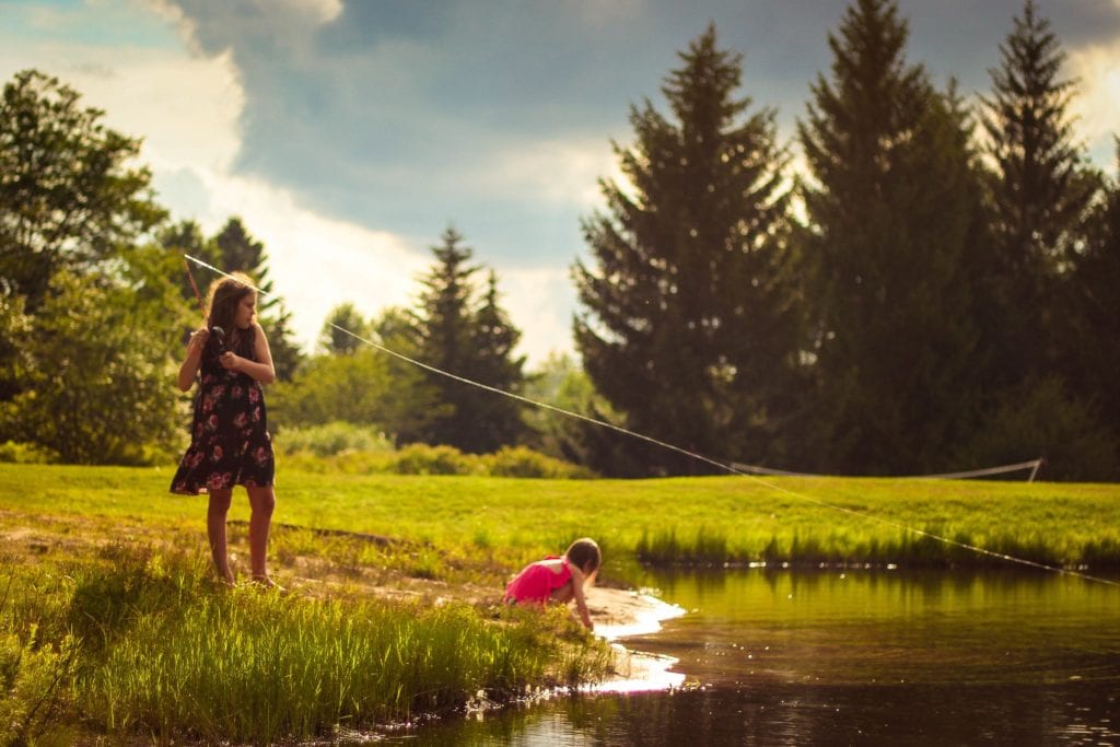 girls, fishing, creek