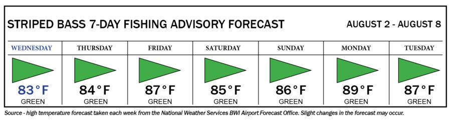 Image of weekly forecast August 9-15 with green flags Wednesday through Friday, yellow flags Saturday and Sunday, and green flags Monday and Tuesday