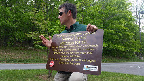 Photo of a DNR staffer holding a sign marking an invasive species disposal station at Deep Creek Lake.